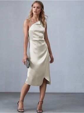 Reiss One-Shoulder Satin Midi Dress in Ivory